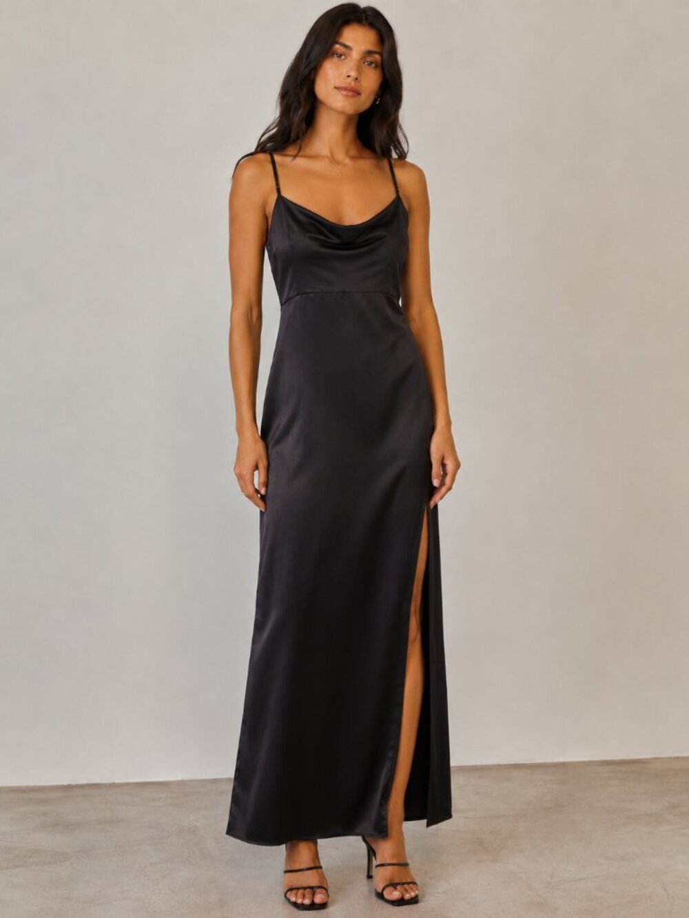 Forever 21 Slip Dress Sm Maxi Y2K Black Satin Drape Neck LBD Elegant Romantic